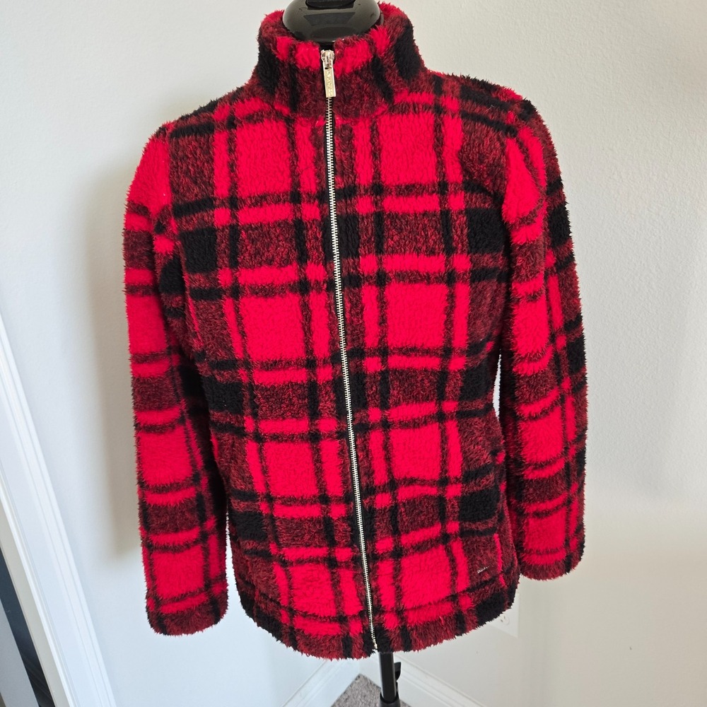 Calvin Klein Sherpa Jacket Womens Small Red Black Plaid Full Zip Fleece